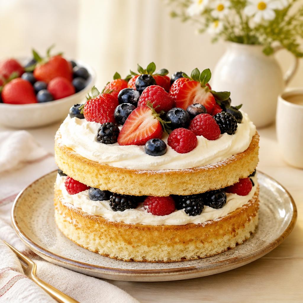 Soft vanilla layer cake with berries