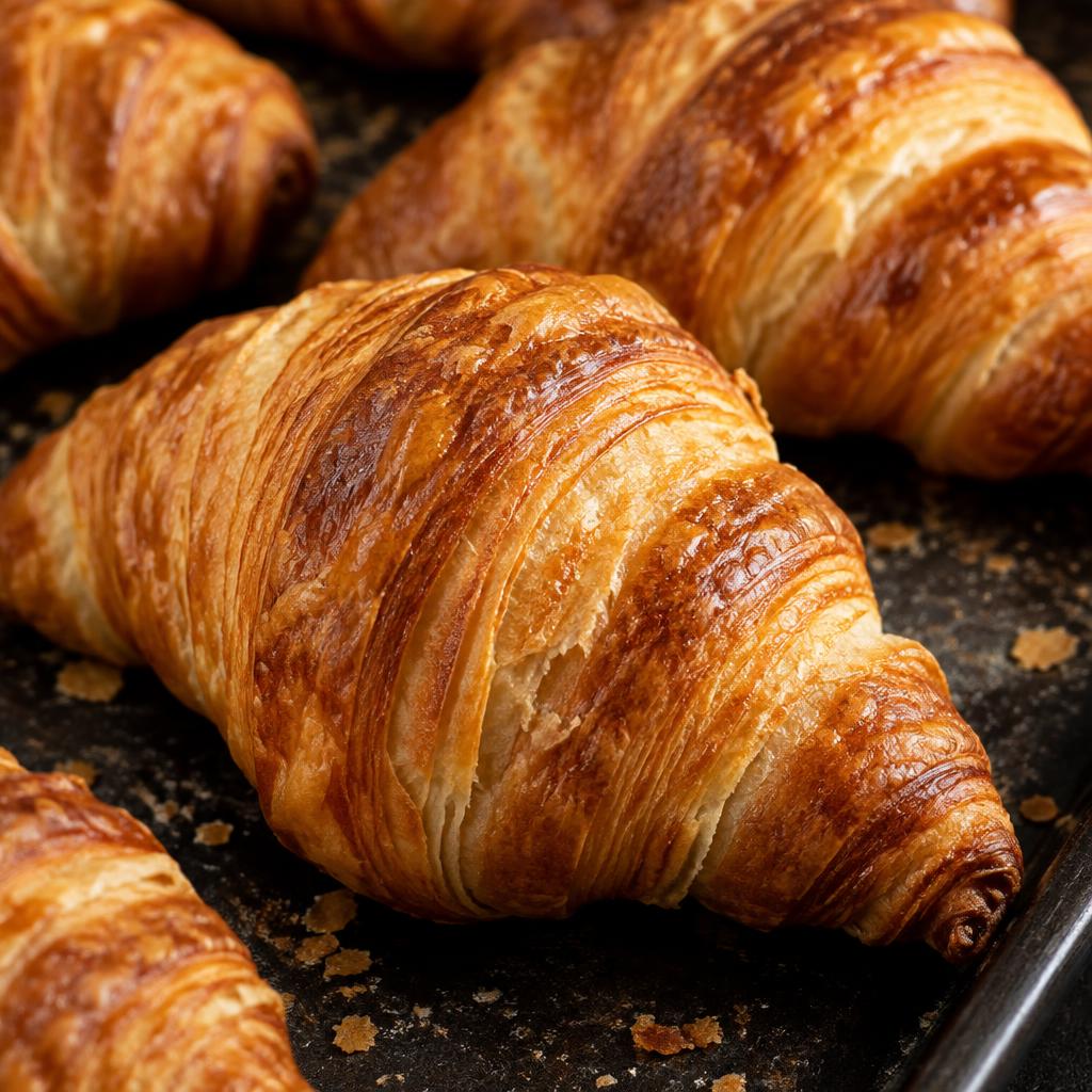 Flaky butter croissants on a dark tray